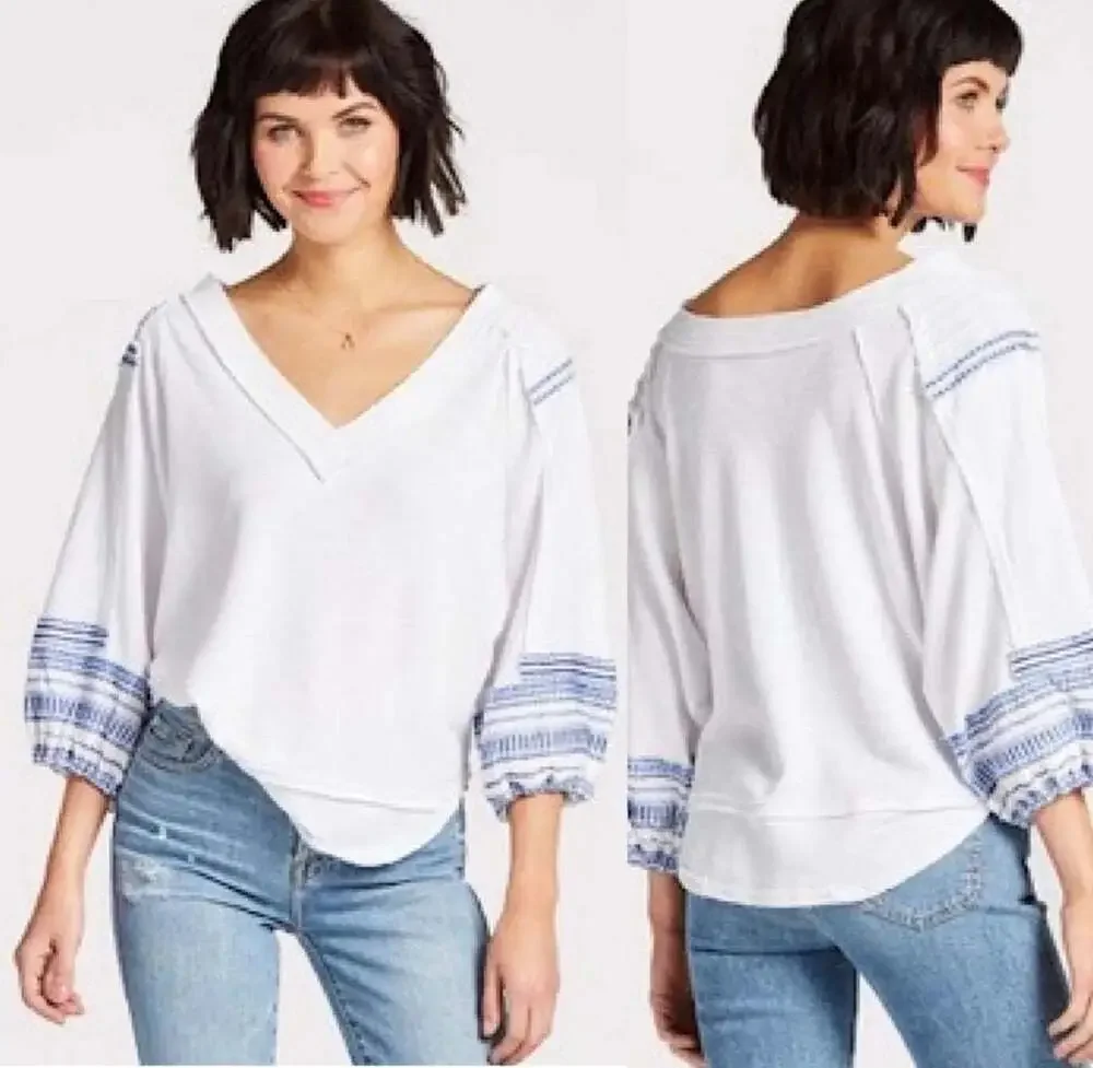 Free People We The Free Bubble Thermal V-Neck Embroidered Tee Shirt